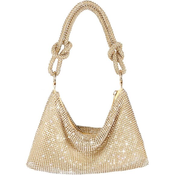 Women's Gold Rhinestone Sparkly Evening Crossbody Clutch Party Wedding Handbag - Picture 1 of 8
